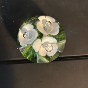 Glass Floral Paperweight in White and Green